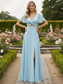 V Neck Chiffon Ruched Long Bridesmaid Dresses with Slit