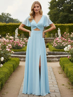 V Neck Chiffon Ruched Long Bridesmaid Dresses with Slit