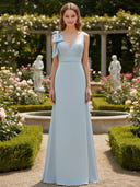 V Neck Satin Long Bridesmaid Dresses with Bow