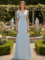 V Neck Satin Long Bridesmaid Dresses with Bow