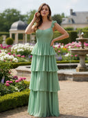 Spaghetti Straps Chiffon Tiered Long Bridesmaid Dresses