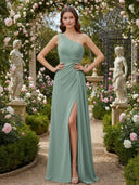 One Shoulder Chiffon Ruched Long Bridesmaid Dresses with Slit