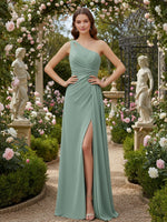 One Shoulder Chiffon Ruched Long Bridesmaid Dresses with Slit