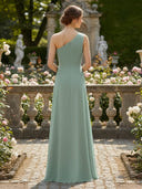 One Shoulder Chiffon Ruched Long Bridesmaid Dresses with Slit