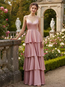 Spaghetti Straps Satin Tiered Bridesmaid Dresses for Women
