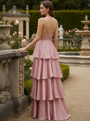 Spaghetti Straps Satin Tiered Bridesmaid Dresses for Women