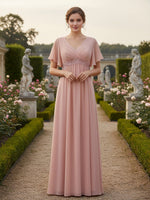 Lace Chiffon Short Sleeves V Neck Bridesmaid Dresses