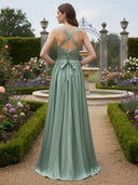 Satin Spaghetti Straps Corset Long Bridesmaid Dresses