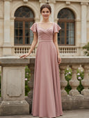 Flutter Sleeves Chiffon Ruched Scoop Bridesmaid Dresses