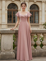 Flutter Sleeves Chiffon Ruched Scoop Bridesmaid Dresses
