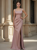 Square Neck Satin Long Bridesmaid Dresses with Slit