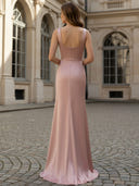 Square Neck Satin Long Bridesmaid Dresses with Slit