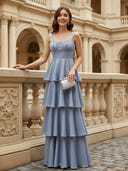 Tiered Satin Spaghetti Straps Bridesmaid Dresses with Bow