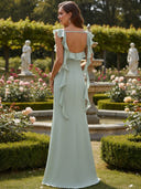 Ruffles Square Neck Satin Ruched Bridesmaid Dresses