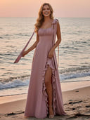 Ruffled Spaghetti Straps Satin Bridesmaid Dresses with Slit