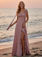 Ruffled Spaghetti Straps Satin Bridesmaid Dresses with Slit