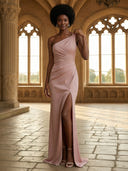 Pleated One Shoulder Satin Bridesmaid Dresses with Slit