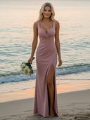 Pleated Spaghetti Straps Satin Bridesmaid Dresses with Slit