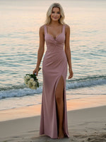 Pleated Spaghetti Straps Satin Bridesmaid Dresses with Slit