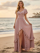 Short Sleeves Chiffon Long Bridesmaid Dresses with Slit