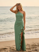 Ruffled Chiffon Long Bridesmaid Dresses with Slit