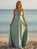 Satin Spaghetti Straps A Line Long Bridesmaid Dresses