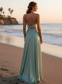 Satin Spaghetti Straps A Line Long Bridesmaid Dresses