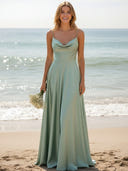 Satin Spaghetti Straps A Line Long Bridesmaid Dresses