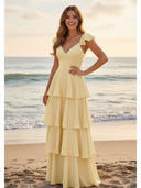 Satin Tiered A Line Ruffles Long Bridesmaid Dresses