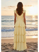 Satin Tiered A Line Ruffles Long Bridesmaid Dresses