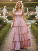 Satin Tiered A Line Square Neck Bridesmaid Dresses