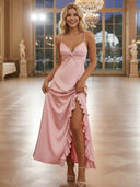 Satin Ruffles Mermaid Bridesmaid Dresses with Slit