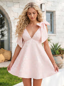 Jacquard V Neck Sleeveless A Line Short Homecoming Dresses with Bow