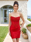 Strapless Satin Lace Appliques Short Homecoming Dresses