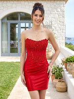 Strapless Satin Lace Appliques Short Homecoming Dresses