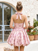 Halter Puffy Satin Flower Short Homecoming Dresses