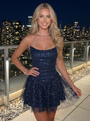 Strapless A Line Glitter Tulle Short Homecoming Dresses
