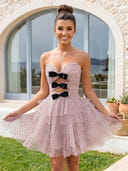 Polka Dot Strapless Tiered A Line Short Homecoming Dresses