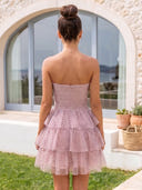 Polka Dot Strapless Tiered A Line Short Homecoming Dresses