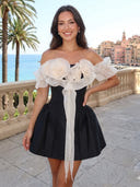 Satin Short Off the Shoulder A Line Homecoming Dresses with Flower