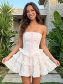 Jacquard Strapless Tiered A Line Ruffles Short Homecoming Dresses
