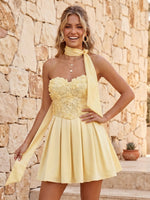 Satin A Line Short Strapless Lace Applique Sleeveless Homecoming Dresses with Ruched