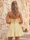 Satin A Line Short Strapless Lace Applique Sleeveless Homecoming Dresses with Ruched