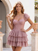 Satin Sweetheart A Line Short Sleeves Tiered Corset Short Homecoming Dresses