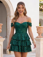 Off the Shoulder Sequin A Line Sleeveless Tiered Corset Short Homecoming Dresses