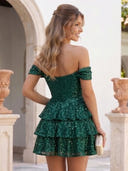 Off the Shoulder Sequin A Line Sleeveless Tiered Corset Short Homecoming Dresses