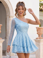 Sequin A Line One Shoulder Long Sleeves Tiered Short Homecoming Dresses