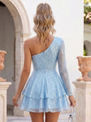 Sequin A Line One Shoulder Long Sleeves Tiered Short Homecoming Dresses
