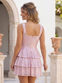 Sequin A Line Square Neck Sleeveless Tiered Short Homecoming Dresses