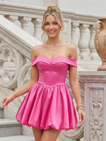 Satin A Line Off the Shoulder Sleeveless Flower Bud Short Homecoming Dresses